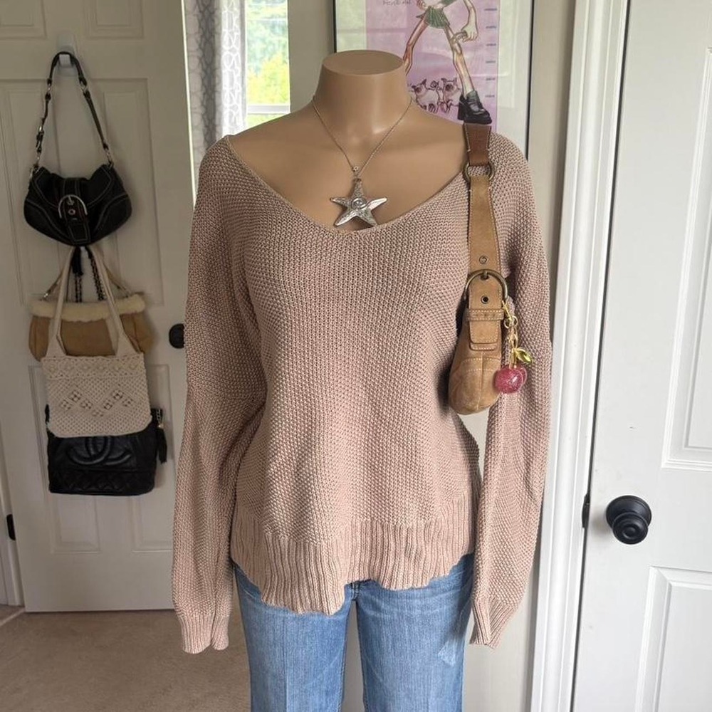 Lucky brand tan slouchy knit oversized off shoulder sweater